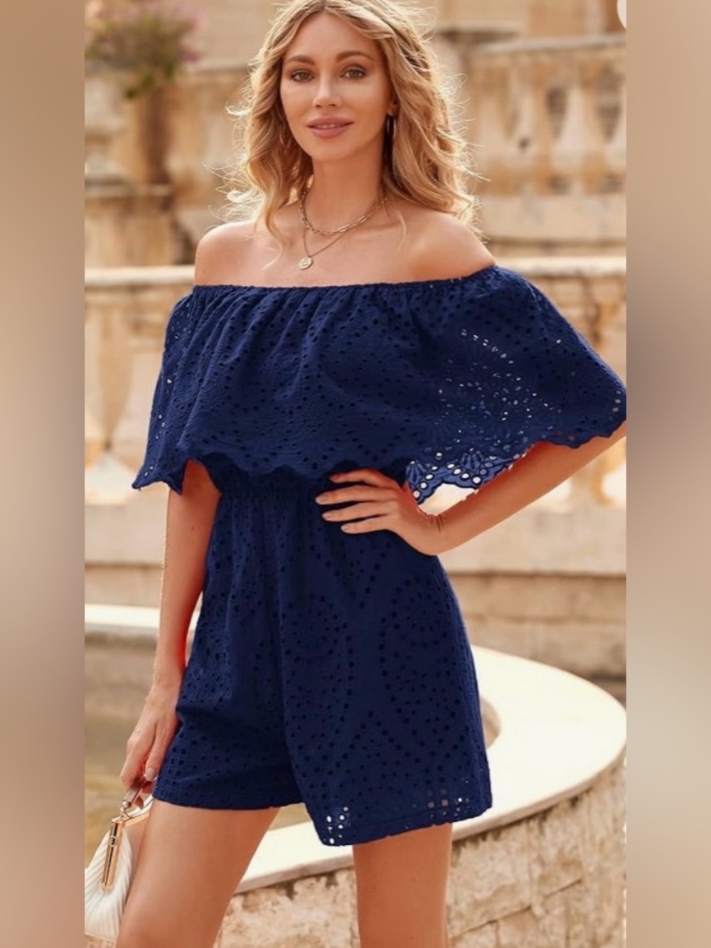Navy Eyelet Off-Shoulder Romper